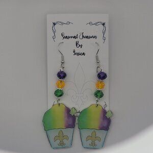 Handmade Beaded Snowball Mardi Gras Earrings